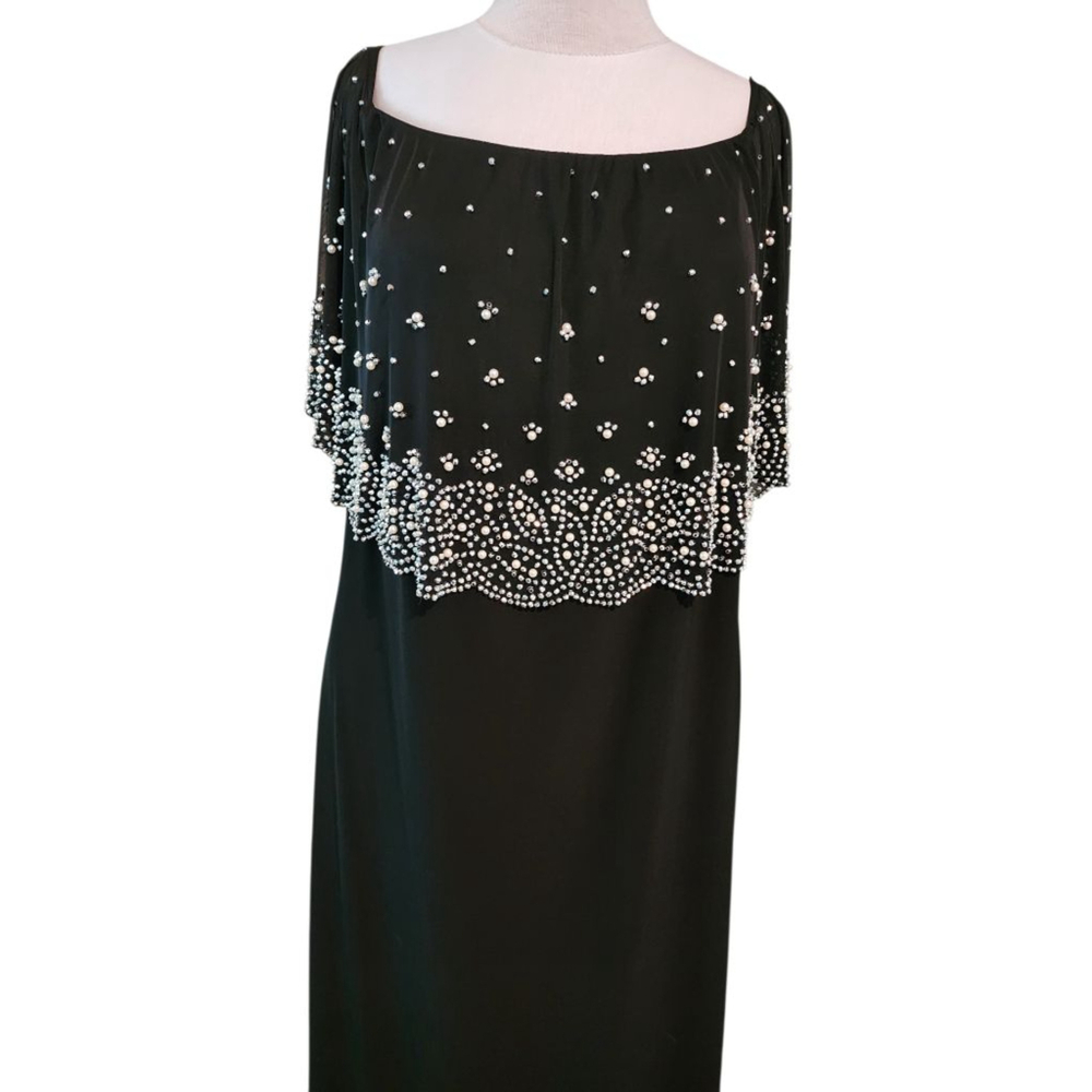 S. Levine Women 3X Black Cocktail Dress Pearl Beaded Cape Overlay Evening Dress - Picture 6 of 10